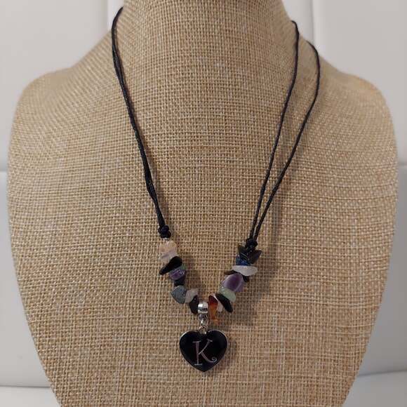 Jewelry - CXD "K" Charm Black Enamel Pendant and Multicolor Stones 16" Necklace